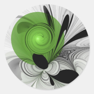 Pegatina Redonda Arte fractal abstracto en blanco y negro con verde