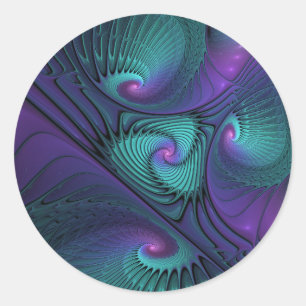 Pegatina Redonda Arte fractal abstracto moderno de púrpura y turque