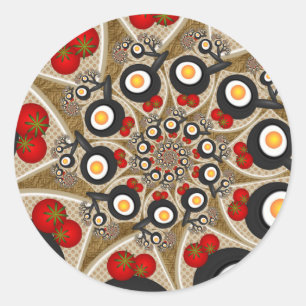 Pegatina Redonda Arte fractal divertido de brunch, tomates, huevos