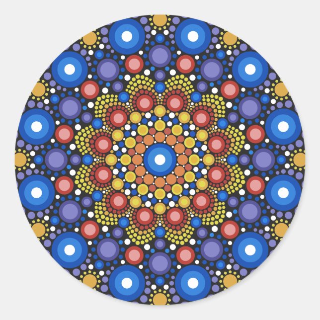 Pegatina Redonda Arte Fractal Floral Dotado Retro Mandala (Anverso)