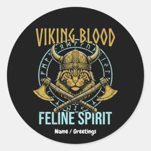Pegatina Redonda Arte Gráfico de Gato Espíritu Feline Sangre Viking