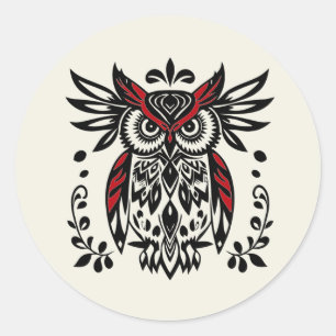 Pegatina Redonda Arte Gráfico Tribal Boho Búho Ave Vida Silvestre
