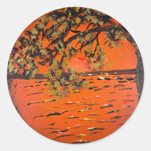 Pegatina Redonda Arte hecho a mano - Atardecer dorado