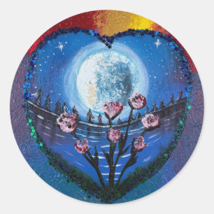 Pegatina Redonda Arte hecho a mano bajo la luz de la luna y flores