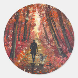 Pegatina Redonda Arte hecho a mano - Bosque naranja