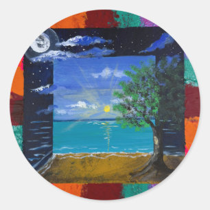 Pegatina Redonda Arte hecho a mano - Día y Noche