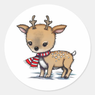 Pegatina Redonda Arte Ilustrado de Ciervo Adorable con Bufanda