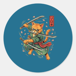 Pegatina Redonda Arte japonés de Anime Samurai Cat Tres Espadas