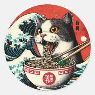 Pegatina Redonda Arte Japonés de Ramen de Gato Estilo Vintage