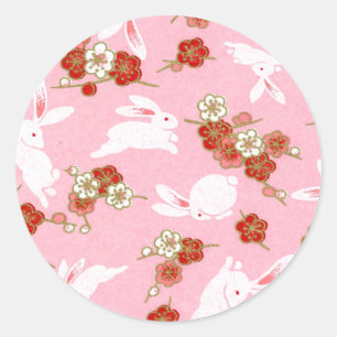 Pegatina Redonda Arte japonés: sakuras rosas y conejos