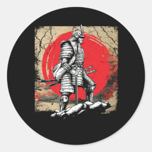 Pegatina Redonda Arte japonés Samurai luchador vintage retro marcia