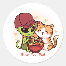 Pegatina Redonda Arte Kawaii de Alien y Gato Compartiendo Ramen