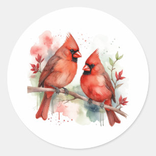 Pegatina Redonda Arte navideño de pájaros cardenales rojos