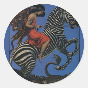 Pegatina Redonda Arte Nouveau de Mujer Cebra Vintage Vida 1922