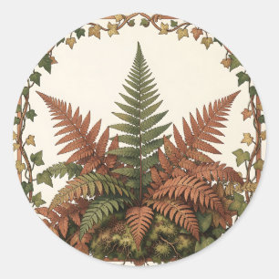 Pegatina Redonda Arte Nouveau Helecho Hiedra Botánico