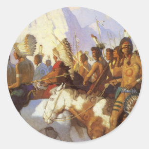 Pegatina Redonda Arte occidental vintage, Indian War Party de NC Wy