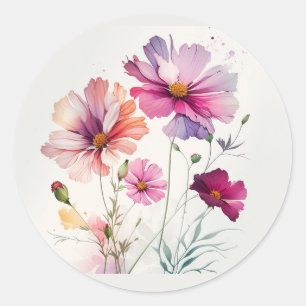 Pegatina Redonda Arte Original Acuarela Jardín Flor Cosmos
