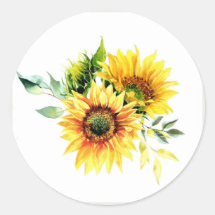 Pegatina Redonda Arte Original Acuarela Jardín Flor Girasol