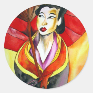 Pegatina Redonda Arte original japonés Geisha, pintura acuarela