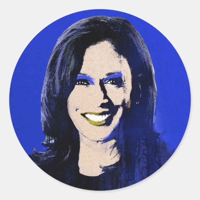 Pegatina Redonda Arte pop azul Kamala Harris (Anverso)