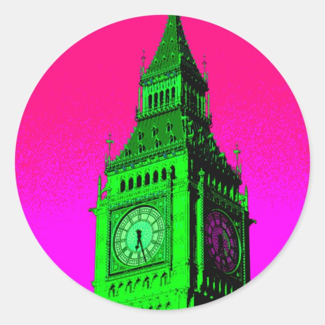 Pegatina Redonda Arte pop Big Ben Londres Viaje verde rosa (Anverso)