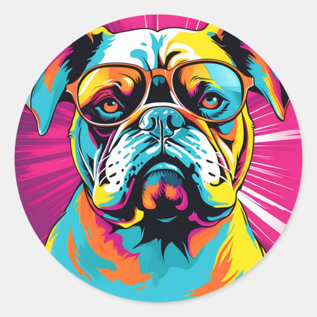 Pegatina Redonda Arte pop de Bulldog retro (Anverso)