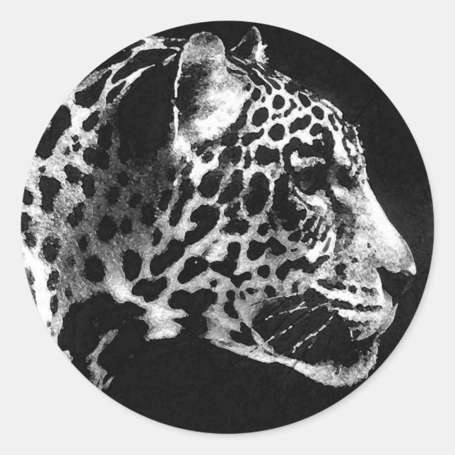Pegatina Redonda Arte pop jaguar blanco y negro (Anverso)