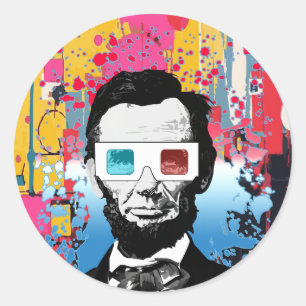 Pegatina Redonda Arte Pop Moderno Gafas 3D Abraham Lincoln Abstract