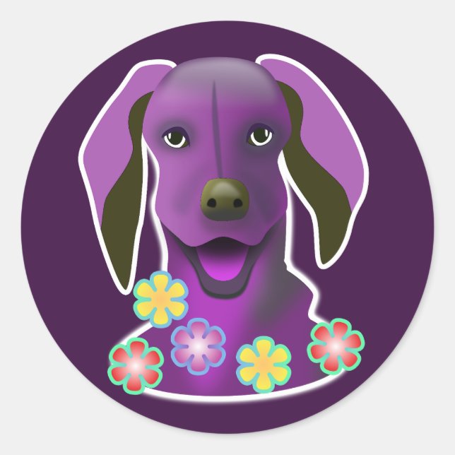 Pegatina Redonda Arte pop morado Sonriendo Perro y Flores Personali (Anverso)
