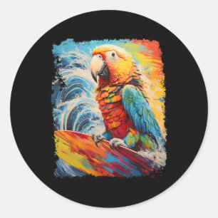 Pegatina Redonda Arte Pop Pájaro Mascota Loro Vintage Surfing 