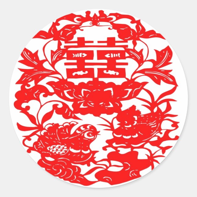 Pegatina Redonda Arte Popular Chino Doble Felicidad Amor Aves (Anverso)