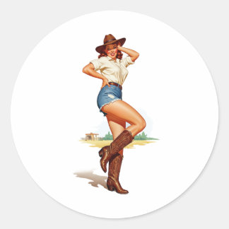 Pegatina Redonda Arte retro de la chica de vaca con pinzas