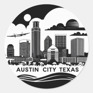 Pegatina Redonda Arte Retro de la silueta de Austin Ciudad Texas en