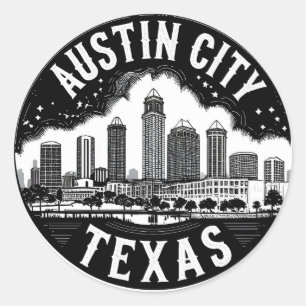 Pegatina Redonda Arte Retro de la silueta urbana de Austin Ciudad T