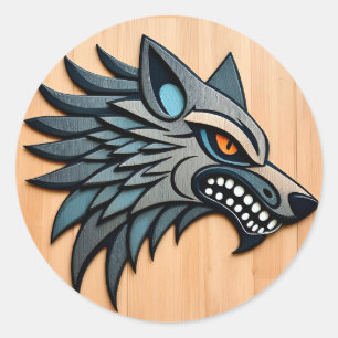 Pegatina Redonda Arte tribal estilizado de lobo con ojos naranjas
