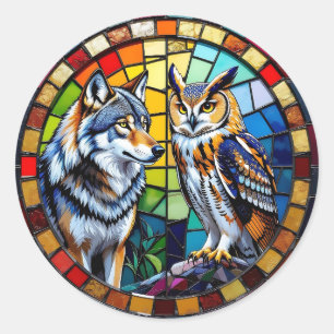 Pegatina Redonda Arte vibrante de lobo y búho en mosaico