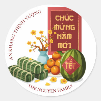 Pegatina Redonda Arte vietnamita de Tet con frutas y flores simbóli