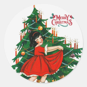 Pegatina Redonda Arte vintage del árbol de navidad