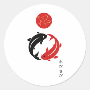 Pegatina Redonda Arte Zen Wabi Sabi minimalista japonés de peces Ko
