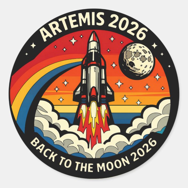 Pegatina Redonda Artemis II Moon Mission 2026 Poster | NASA Rocket  (Anverso)