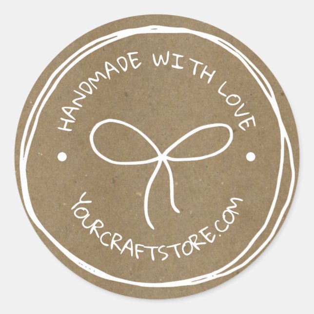 Pegatina Redonda Artesanías hechas a mano con arco blanco (Anverso)