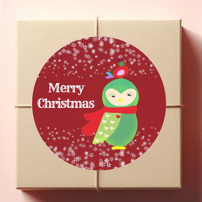 Pegatina Redonda Artesanos Fiestas de Lechuza Verde de la navidad d (Kid's Red Merry Christmas Green Owl Party Crafts Classic Round Sticker)