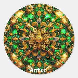 Pegatina Redonda ARTHUR ~ Navidades brillantes verdes y de oro ~