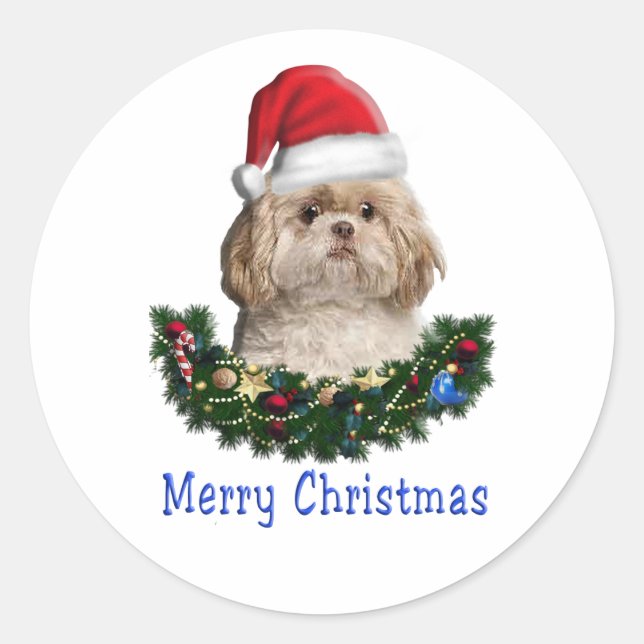 Pegatina Redonda Artículos de Navidades de perros Shih-Tsu (Anverso)