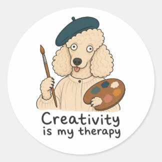 Pegatina Redonda Artista Caniche La creatividad es mi terapia