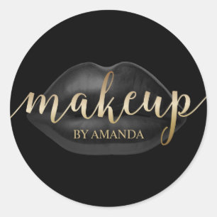 Pegatina Redonda Artista de maquillaje Black Lips Gold Script Salón