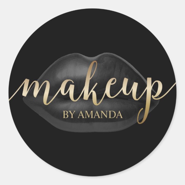 Pegatina Redonda Artista de maquillaje Black Lips Gold Script Salón (Anverso)