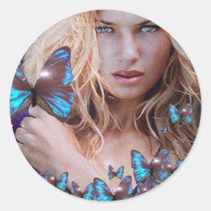 PEGATINA REDONDA ARTISTA DE MAQUILLAJE DE BELLEZA AZUL BUTERRFLY 2