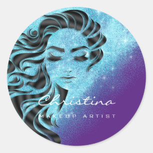 Pegatina Redonda Artista De Maquillaje De Estilo Cabello Purpurina