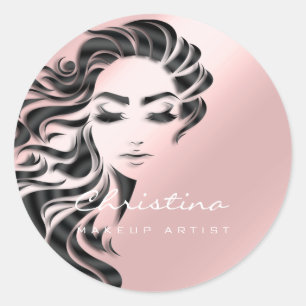 Pegatina Redonda Artista De Maquillaje De Estilo Cabello Purpurina 